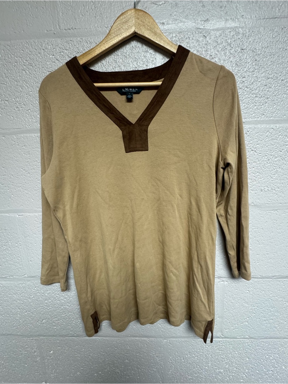 Ralph Lauren Tan Long Sleeve Tee with Brown Trim